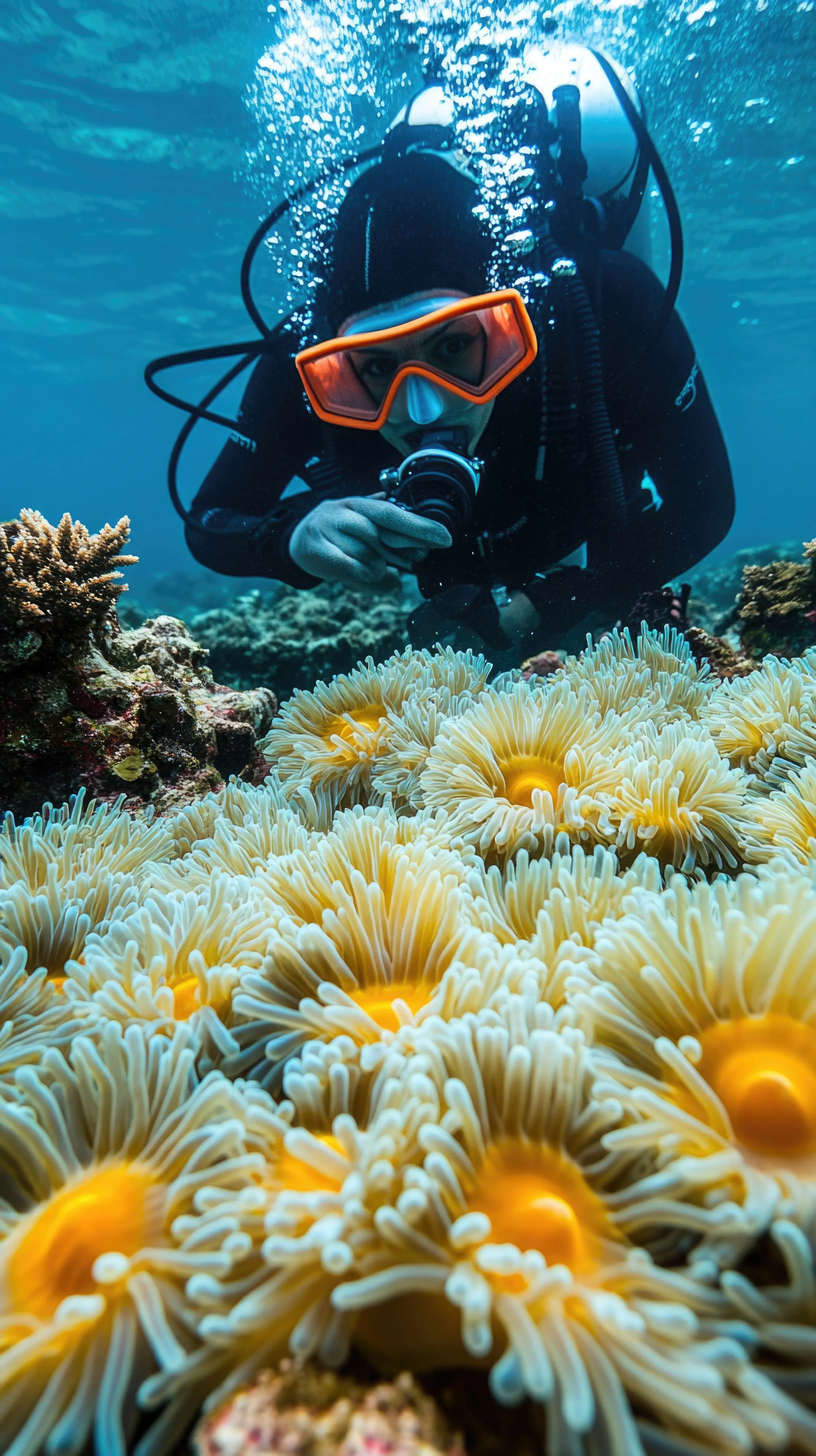 Mobiles 4K-Hintergrundbild eines Tauchers, der ein farbenprächtiges Korallenriff erkundet und dabei Seeanemonen in kristallklarem Wasser fotografiert.
