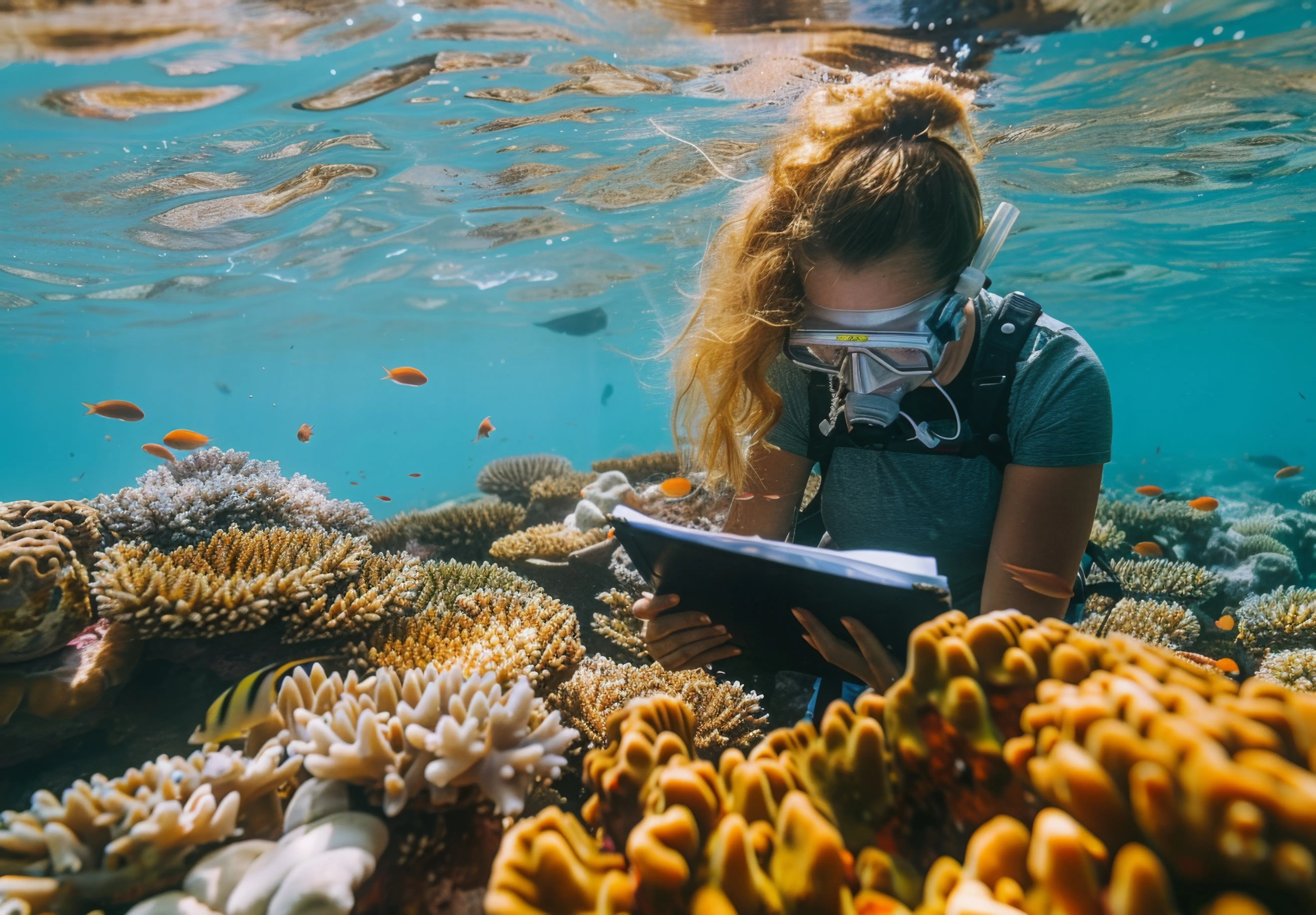 Ein Meeresbiologe führt Forschungen zu den Auswirkungen der Ozeanversauerung an einem von betroffenen Meereslebewesen umgebenen Korallenriff durch.