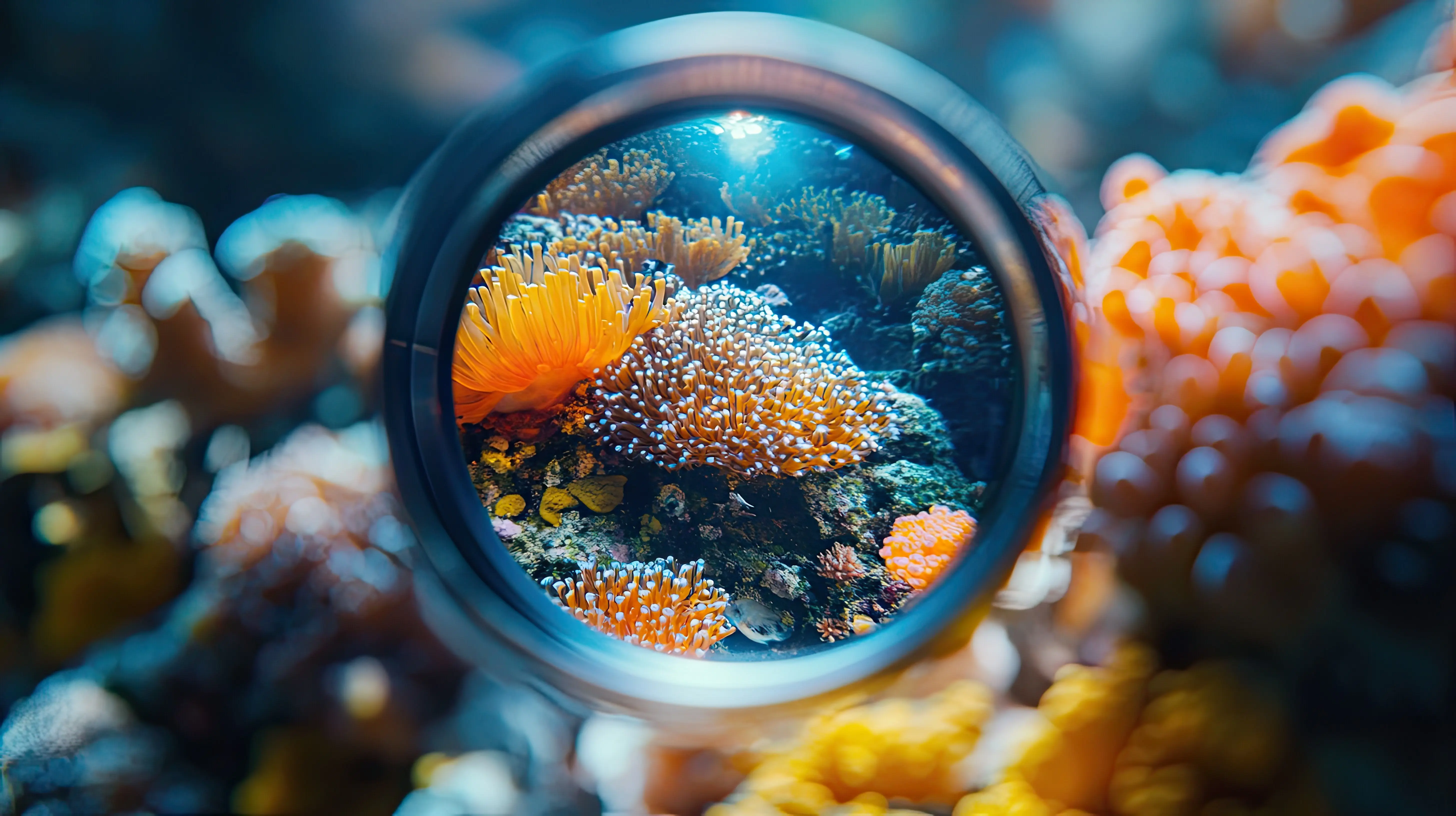 Symbiose zwischen marinen Organismen in der Forensik, visualisiert in einer 3D-Mikroskopumgebung, die komplexe Wechselwirkungen, forensische Analysen und Umweltuntersuchungen hervorhebt.