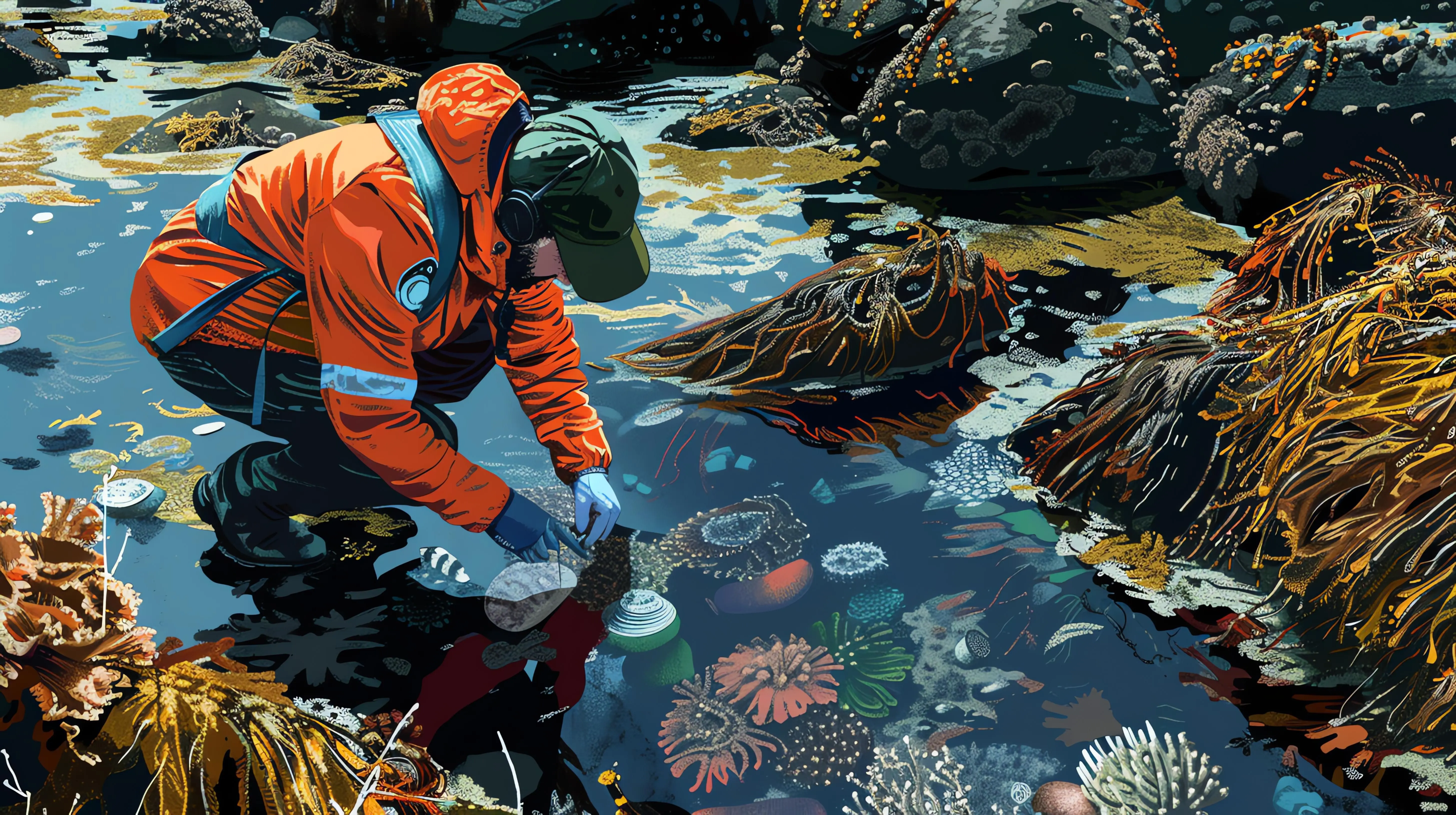 Ein Wissenschaftler in einem orangefarbenen Chemikalienschutzanzug sammelt Proben aus einem Gezeitentümpel.